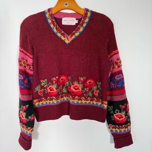 Rene Derhy Embroidered Floral Red Sweater Boho Artsy S